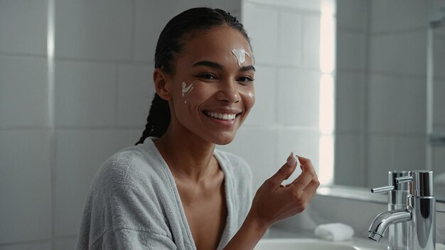 Photo smiling female applying serum for skin care in bathroom