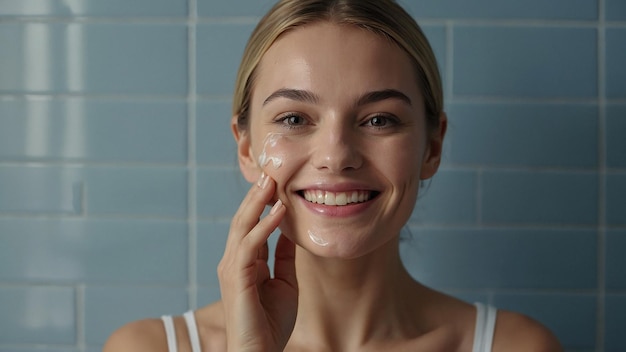 Smiling Female Applying Serum for Skin Care in Bathroom