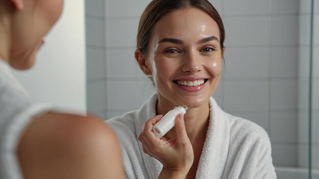 Smiling Female Applying Serum for Skin Care in Bathroom