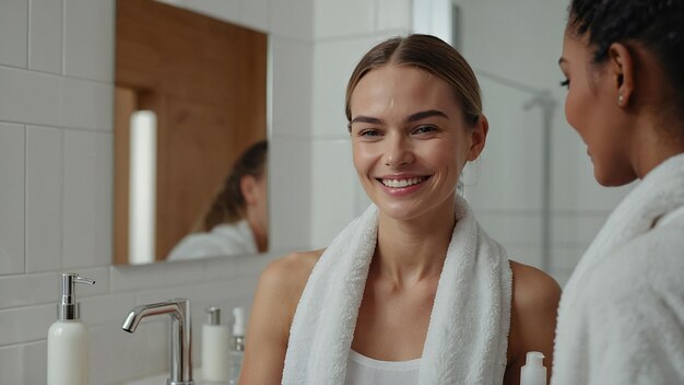 Photo smiling female applying serum for skin care in bathroom