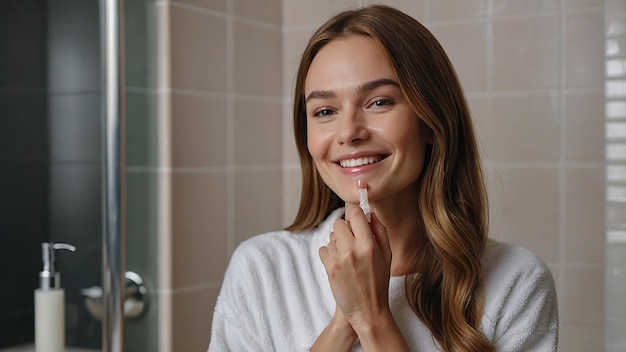 Smiling Female Applying Serum for Skin Care in Bathroom