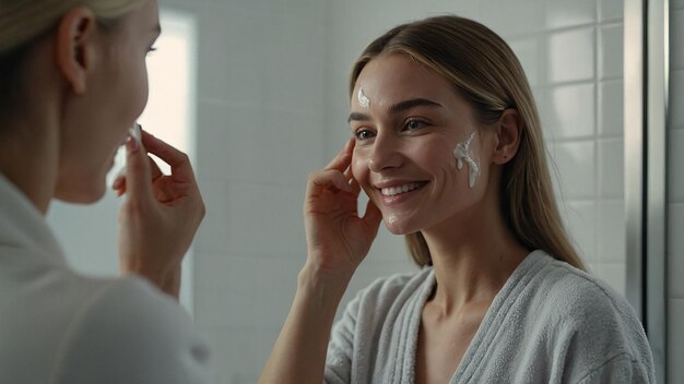 Photo smiling female applying serum for skin care in bathroom