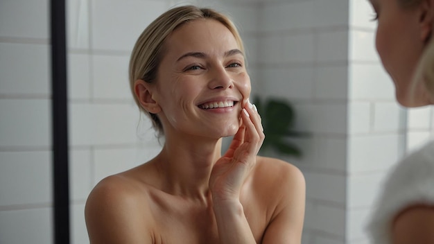 Photo smiling female applying serum for skin care in bathroom