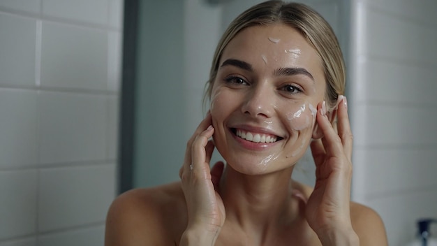 Photo smiling female applying serum for skin care in bathroom