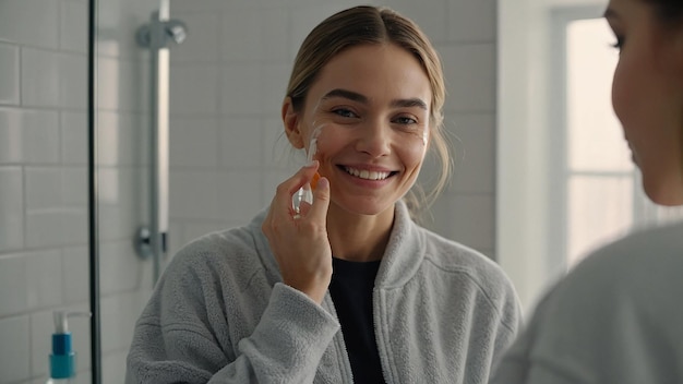 Smiling Female Applying Serum for Skin Care in Bathroom