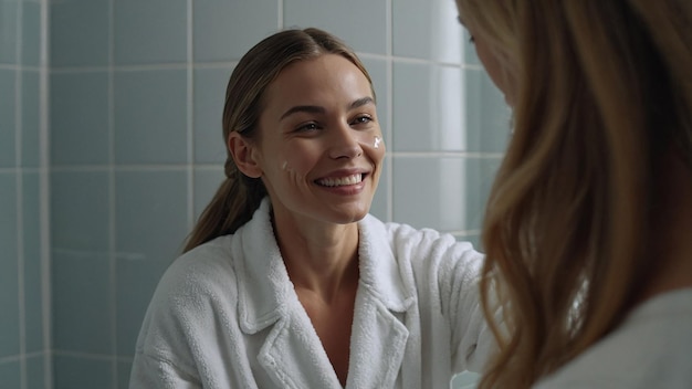 Photo smiling female applying serum for skin care in bathroom