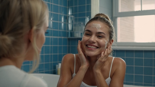 Photo smiling female applying serum for skin care in bathroom