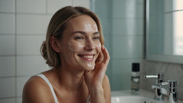 Photo smiling female applying serum for skin care in bathroom