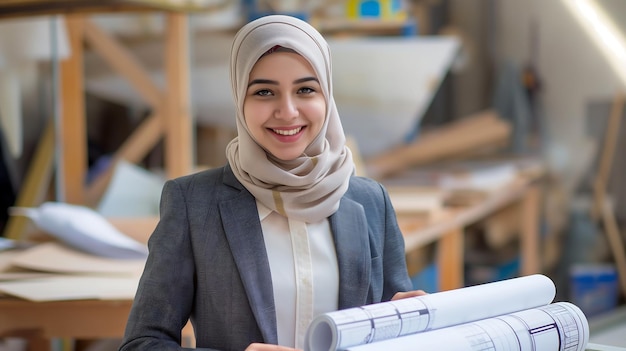 Smiling female architect in hijab and blazer holds blueprints workbench with model skilled