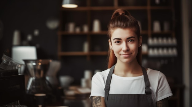 Smiling female barista wearing apron standing in counter of the coffee shop Generative AI AIG21