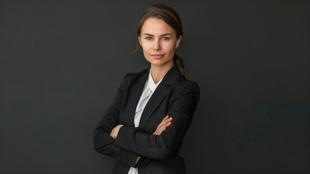 Smiling female business leader in a black suit with arms crossed serious and careermotivated