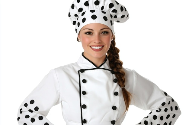 Photo smiling female chef in polka dot uniform with braided hair on white background