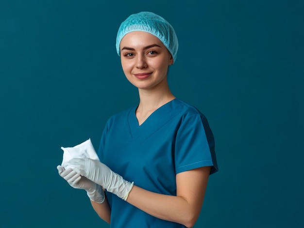 Photo smiling female doctor in blue scrubs