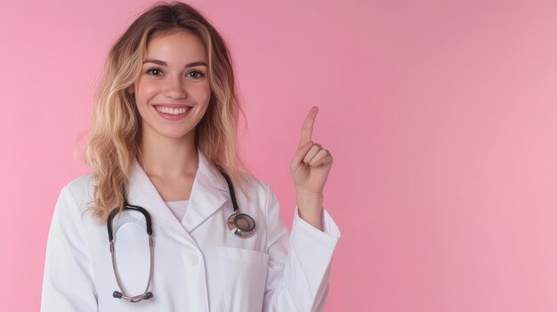 Photo smiling female doctor pointing upwards on a pink background symbolizing healthcare and positivity