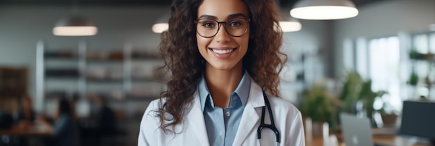 Smiling female doctor standing in modern hospital healthcare concept banner