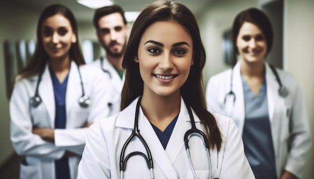 Smiling female doctor standing with medical colleagues