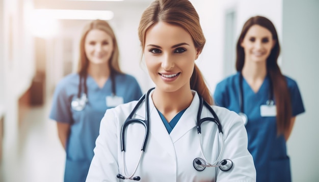 Smiling female doctor standing with medical colleagues