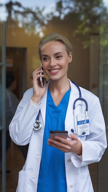 Smiling female doctor talking on mobile phone seen through hospital window