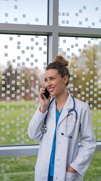 Smiling female doctor talking on mobile phone seen through hospital window