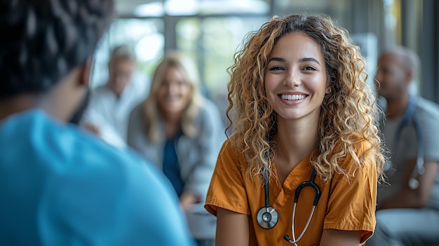 Photo smiling female doctor wearing orange scrubs and a stethoscope in a group of people