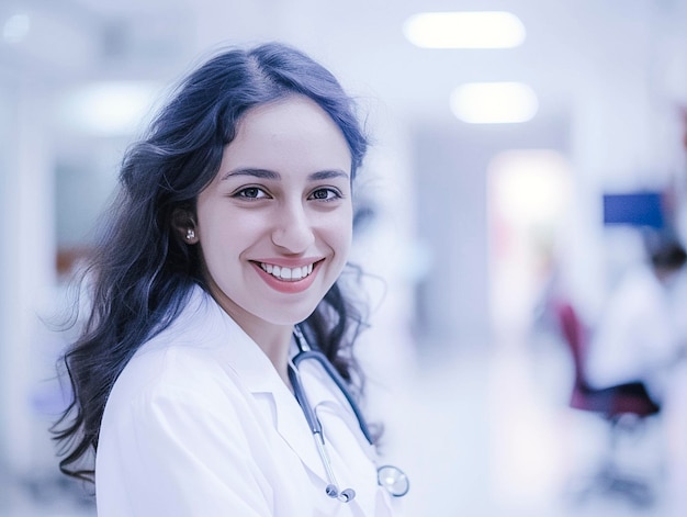 Smiling female doctor in white coat and stethoscope in hospital hallway