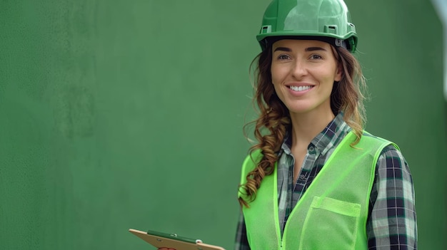 Smiling female engineer holding clipboard green safety helmet and vest plain green background ar 169