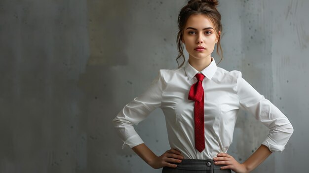 Smiling Female Executive in Formal Attire with Red Tie and Hands on Hips