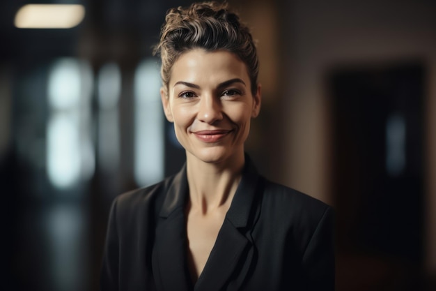 Smiling female executive standing in office woman in formal business attire looking at camera and smiling