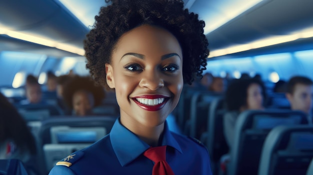 Photo smiling female flight attendant in blue uniform in aircraft cabin attractive black woman stewardess