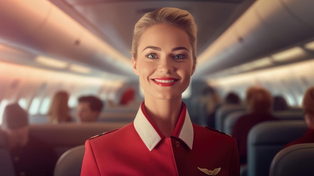 Photo smiling female flight attendant in red uniform in aircraft cabin attractive woman stewardess friendly airline employee pleasant service for airline passengers generative ai