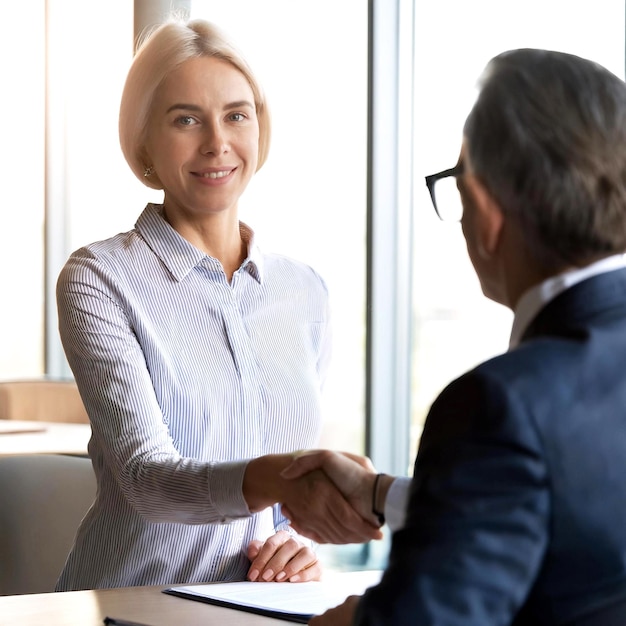 Photo smiling female hr manager handshaking during hiring meeting