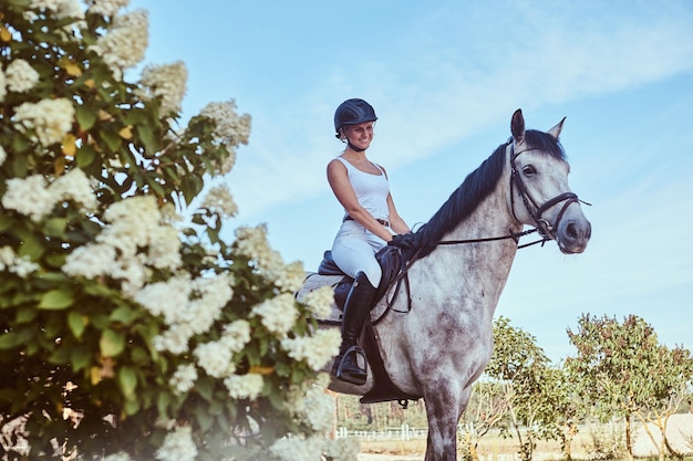 Smiling female jockey on dapple gray horse walking through the flowering garden.