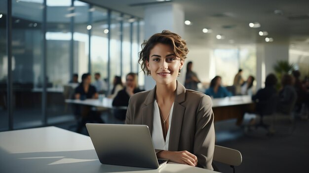 Smiling female office worker at desk ai generated portrait image copy space