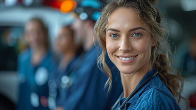 Photo smiling female paramedic wearing blue scrubs in ambulance bay