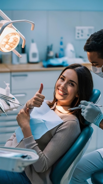 Smiling female patient sitting on chair showing thumb up in dental clinic