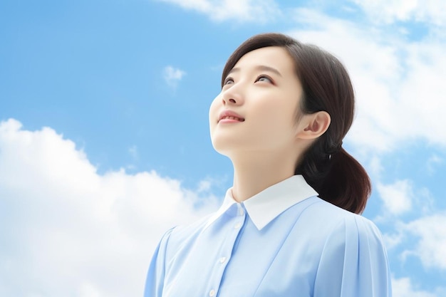 Smiling female student looking up at the sky