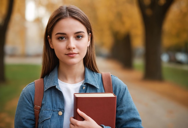 A smiling female student with a book on his hand and a bag on his shoulder in campus