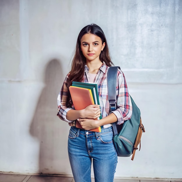 Smiling female student with books and files in hand heading to her next exciting lecture on campus