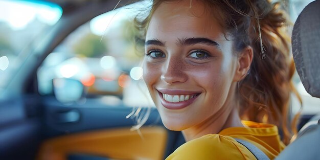 Smiling female taxi driver looks back at camera inside car Concept Transportation Female Driver Smiling Interior Vehicle