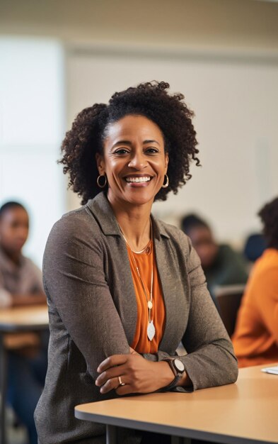 Smiling Female Teacher in Classroom