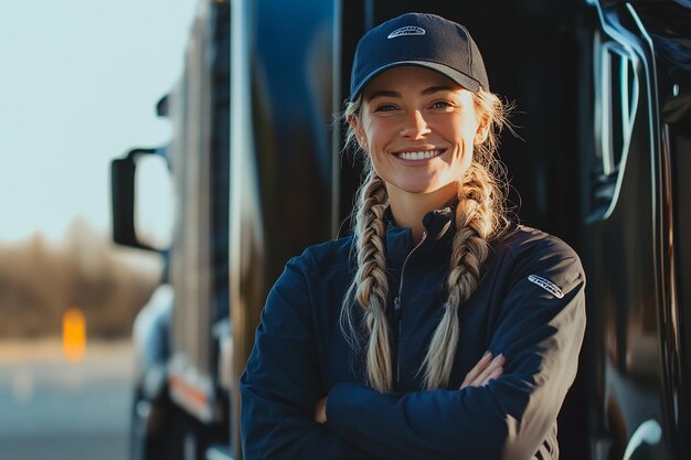 Photo a smiling female truck driver