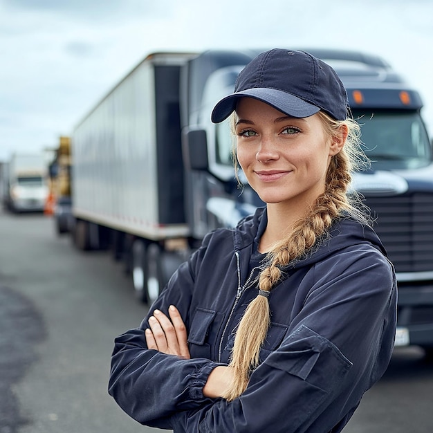 Photo a smiling female truck driver