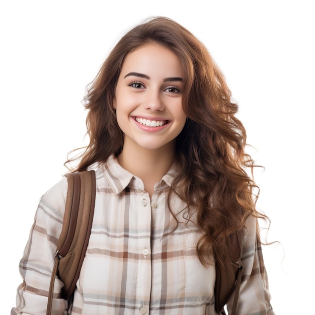 Smiling Female University Student Celebrating Academic Success on white Background college life