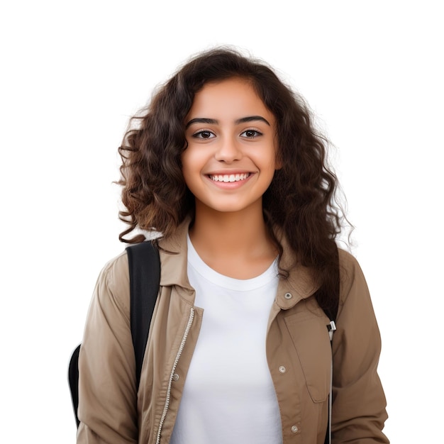 Smiling Female University Student Celebrating Academic Success on white Background college life