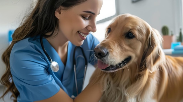 A smiling female veterinarian in blue scrubs examining a happy Golden Retriever in a veterinary clin