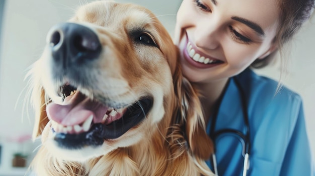 A smiling female veterinarian in blue scrubs examining a happy Golden Retriever in a veterinary clin