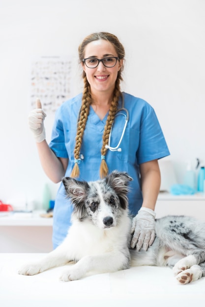 Smiling female veterinarian with dog on table in clinic showing thumbup sign