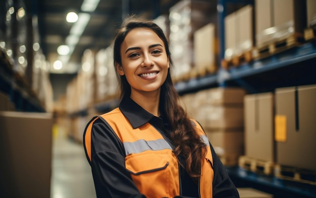 Smiling Female Warehouse Worker CloseUp Portrait Generative AI