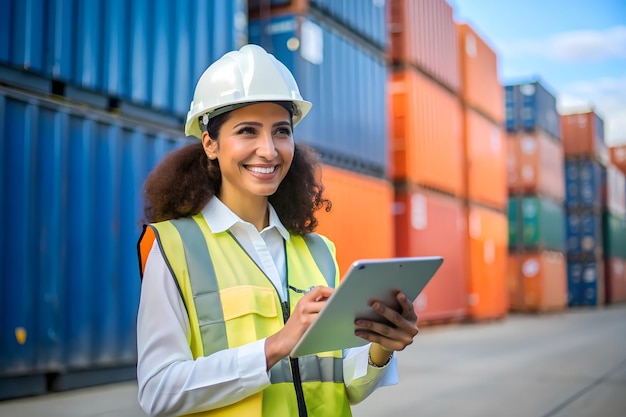 Smiling Female Worker with Tablet at Shipping Yard