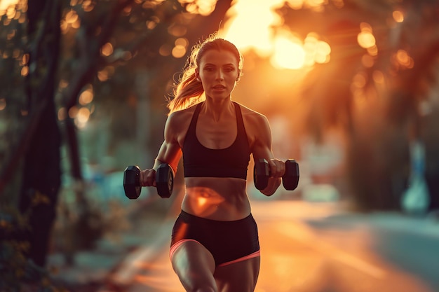 Smiling Fit Woman Running Outdoors at Sunset with Headphones Displaying Fitness and Healthy Lifestyl